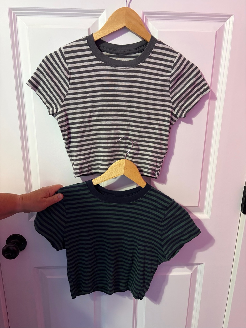 Hollister Striped Short Sleeve Crop Tees- Green/Navy and Light Gray/Dark Gray
